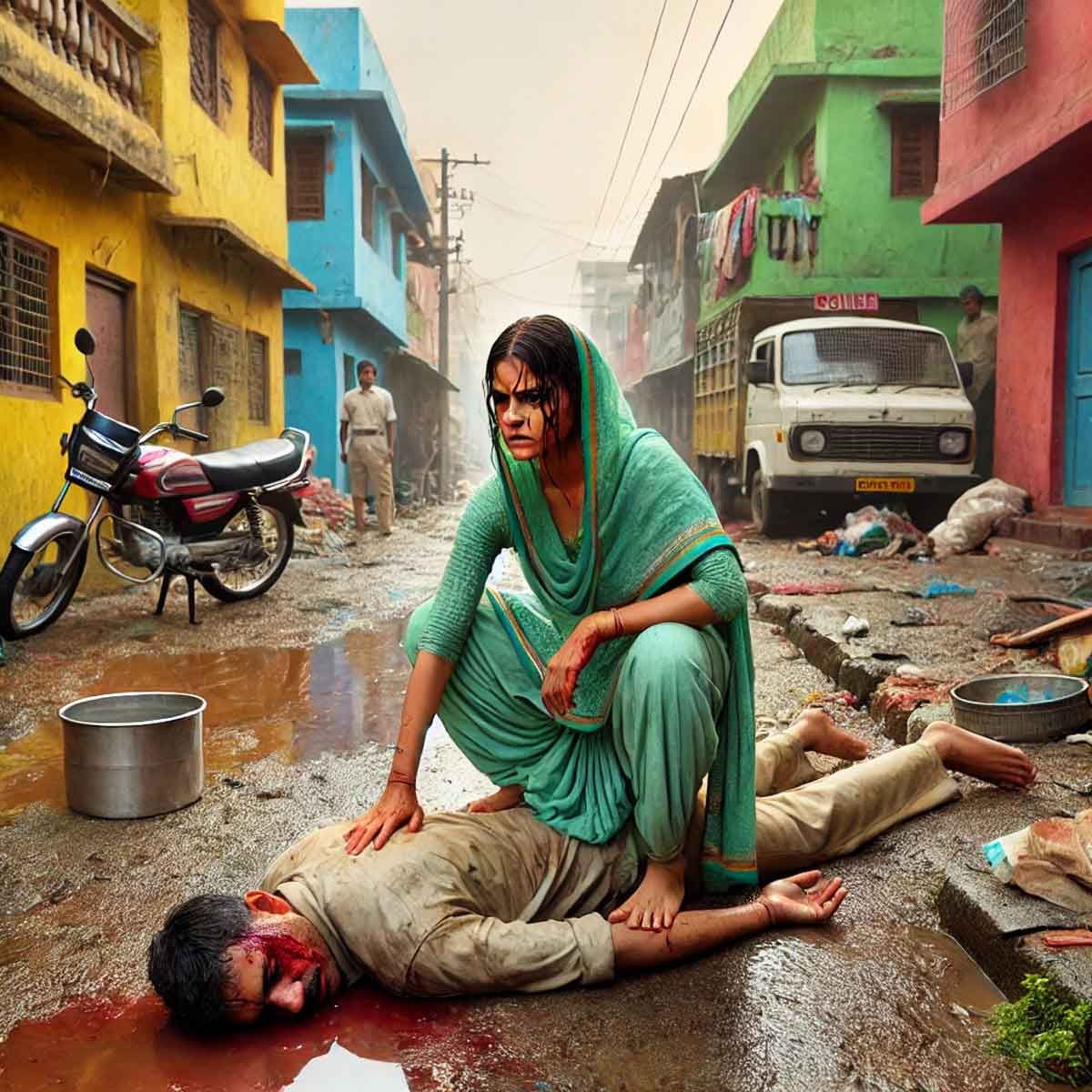 A wife kills her husband by hitting his head with a brick and then throws pieces of his flesh here and there.